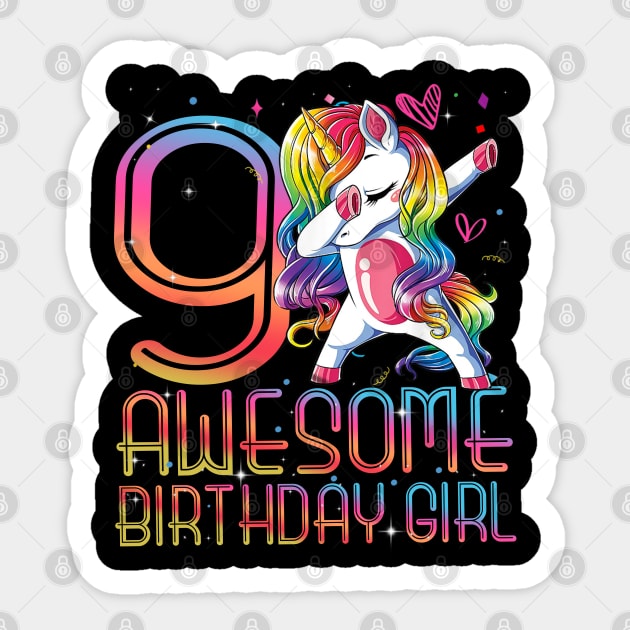 9th Birthday Girl 9 Years Old Awesome Unicorn Dabbing Bday Sticker by The Design Catalyst